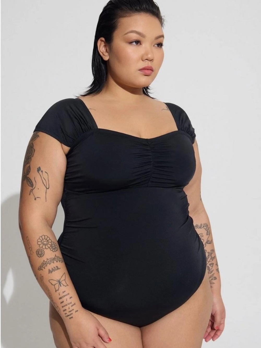 Torrid Black Wirewss Ruched Cap Sleeve One Piece Swimsuit